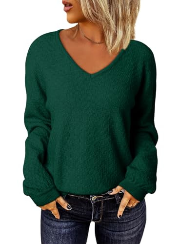 EVALESS Casual Waffle Knit Green Sweaters for Women Sexy V Neck Long Sleeve Sweater Tops Cozy Warm Knitted Top Small | Amazon (US)