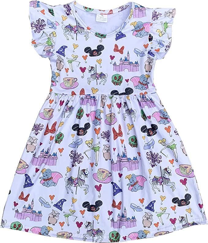 Girls Flutter Sleeve Cartoon Princess Castle Printed Toddlers Summer Mickey Bow Pearl Dress 3-7Ye... | Amazon (US)