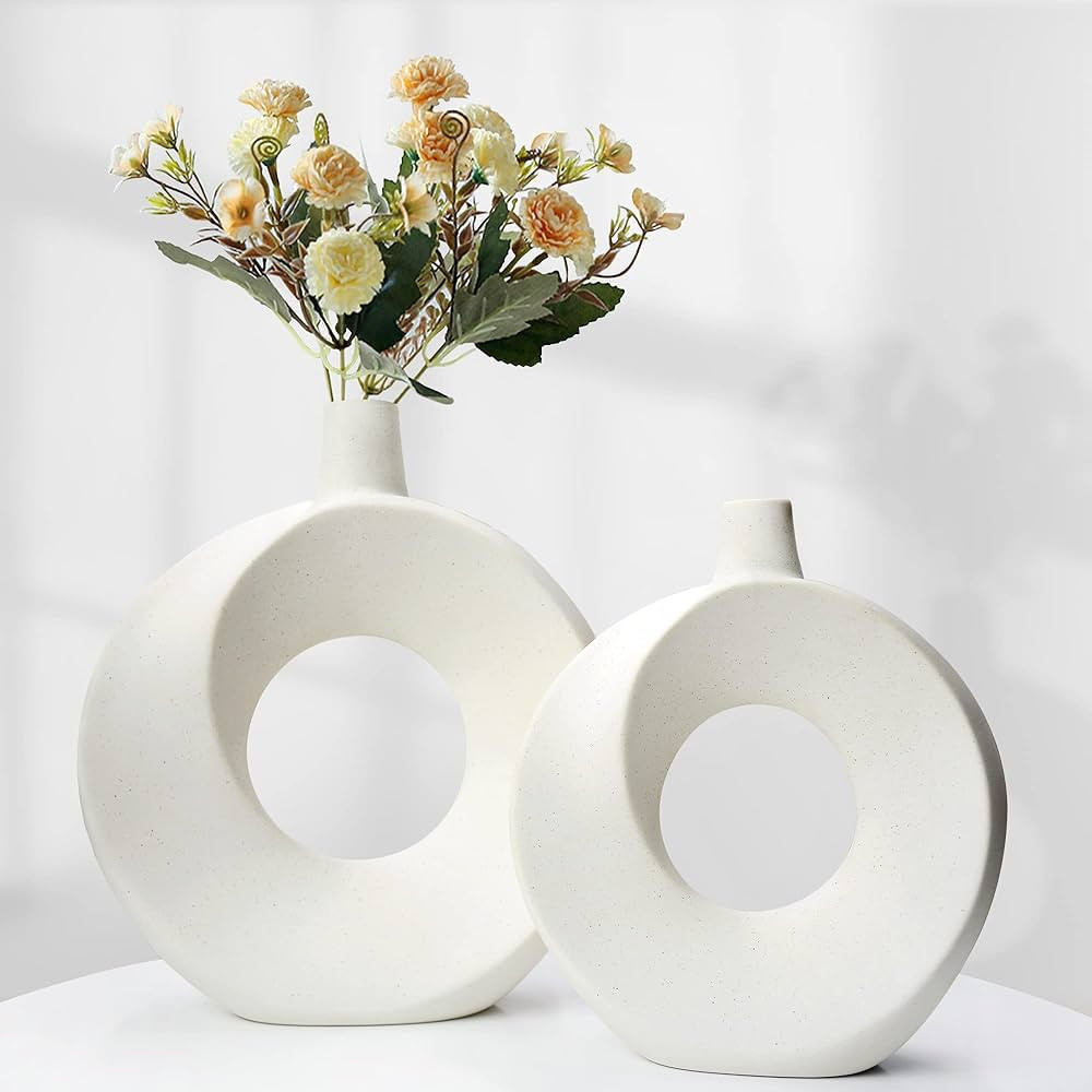 White Ceramic Vases for Decor Set of 2,Pampas Grass Flowers,Round Matte Flower Donut Vase,Minimal... | Amazon (US)