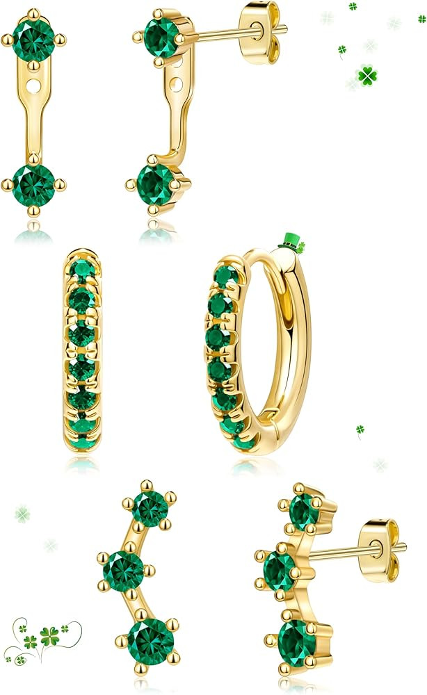 3 Pairs St Patrick's Day Earrings for Women, Trendy Small Gold Plated Hypoallergenic Stud Huggie ... | Amazon (US)