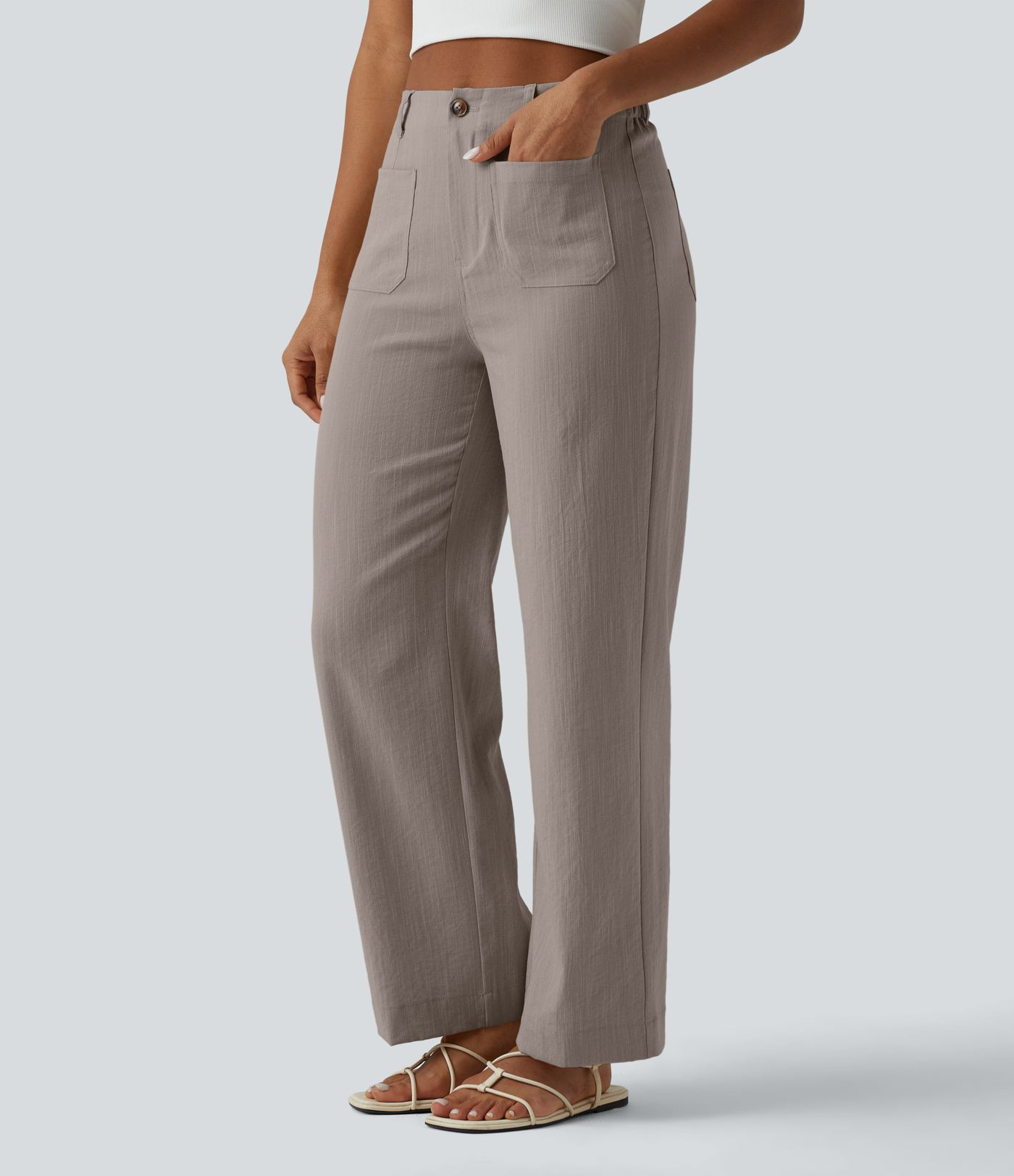 High Waisted Straight Leg Casual Linen-Feel Pants with Pockets | HALARA