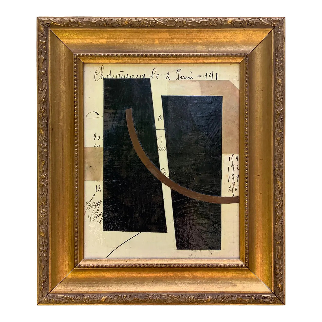 Contemporary Black and White Collage in Vintage Gold Frame | Chairish