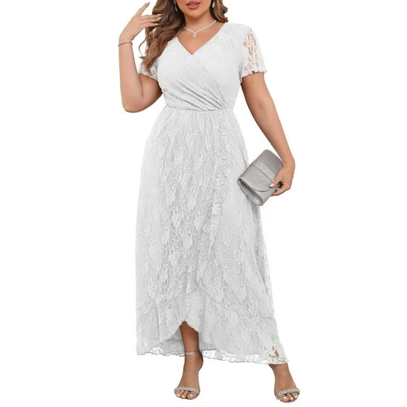 a.Jesdani Women's Plus Size Formal Dresses Lace V Neck Ruffles Sleeves Wedding Guest Dresses L-4X... | Walmart (US)