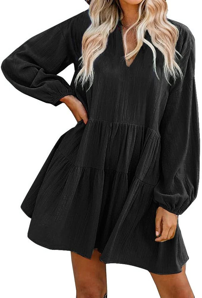 FANCYINN Cute Shift Tunic Dress Ruffle Swing Babydoll Juniors Mini Ruffle Dress with Pockets | Amazon (US)