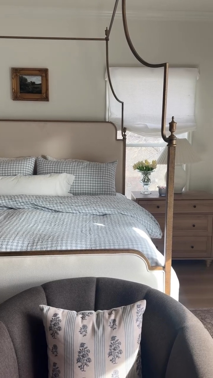 This is your sign to mix your patterns for spring! #gifted I decided to have some fun with my bedding and mix this beautiful blue gingham duvet and floral sheets and love how it came together! Follow along @ourmountainsidehome_1 + Comment SPRING for the links! You can also use discount code INFG-26OURMOUNTAINSIDEHOME110 for 10% off your order! #quincepartner  Spring bedroom refresh, gingham bedding, floral sheets, classic bedroom, canopy bed, neutral bedroom, Nancy Meyers aesthetic, romantic bedroom, collected home, cozy.  #nancymeyersaesthetic #bedroomdesign #springbedroom https://liketk.it/61tH4