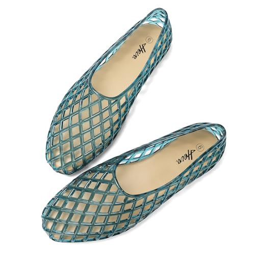 HEVA Women's Jelly Mesh Flats Breathable Clear Hollow Shoes Summer Beach Jellies Ballet Sandals(9 M US Grey Blue) | Amazon (US)