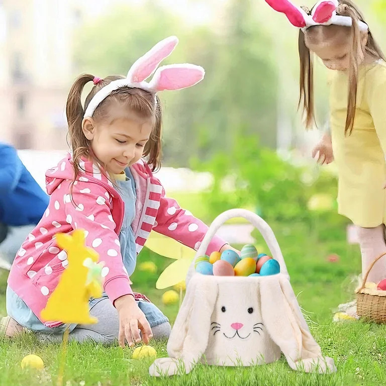 SLYNSHome Easter Egg Basket,Plush Easter Bunny Basket White Long Ear Easter Buckets Rabbit Tote B... | Walmart (US)