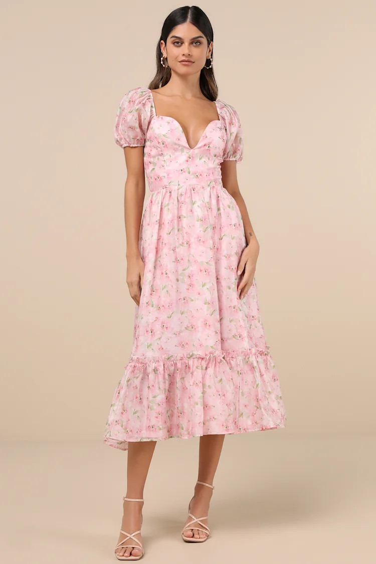 Sincerely Wondrous Pink Floral Puff Sleeve Tiered Midi Dress | Lulus