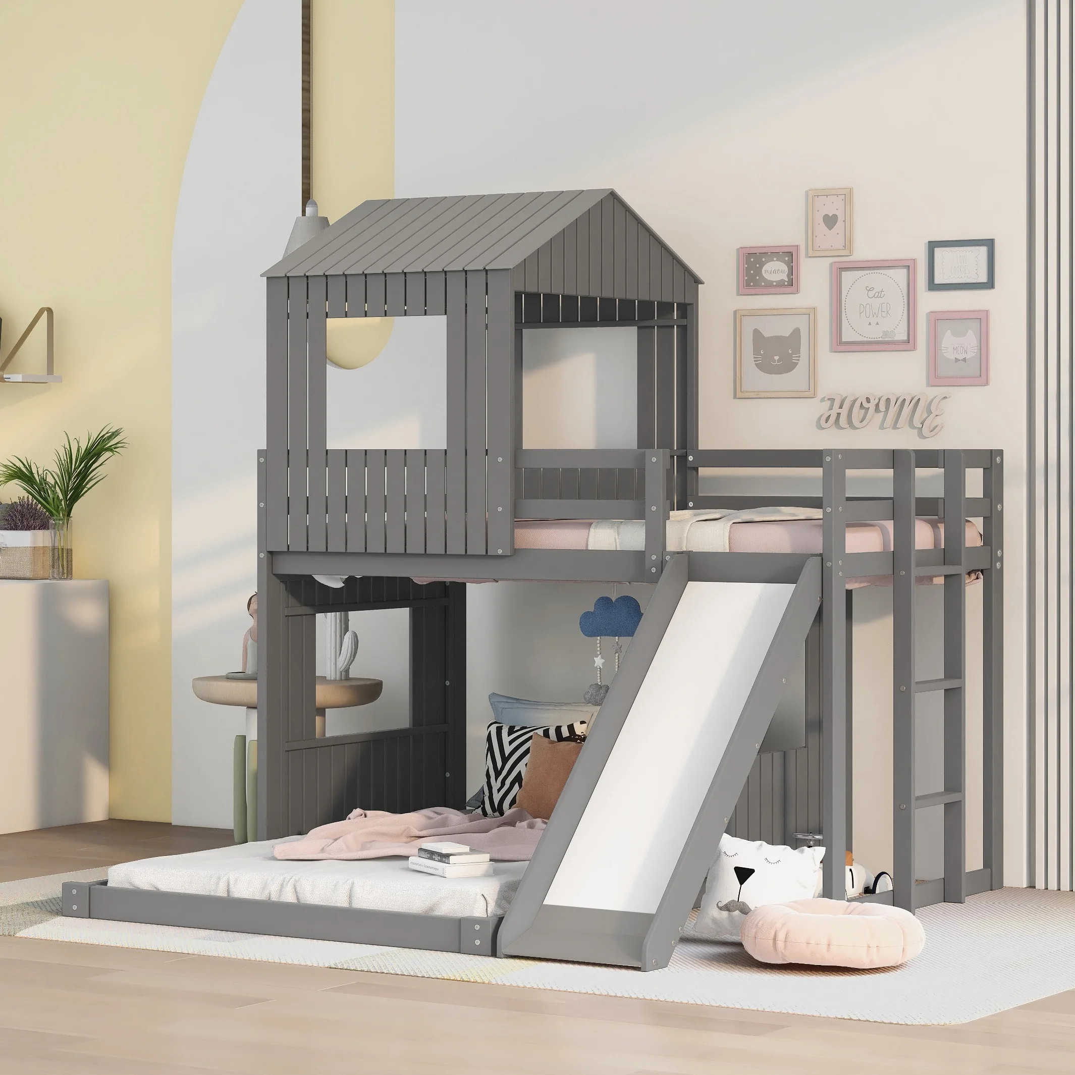 Bellemave Twin Over Full House Bunk Bed with Slide, Wood L-Shaped Fort Loft Bunk Beds Frame with ... | Walmart (US)
