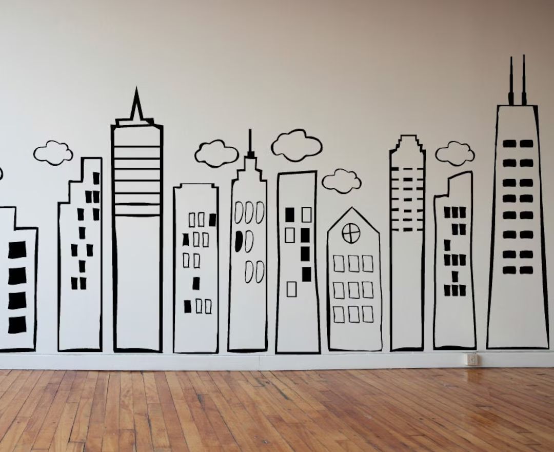 LARGE Doodled City Skyline wall Art Vinyl Decal for Kid's - Etsy | Etsy (US)