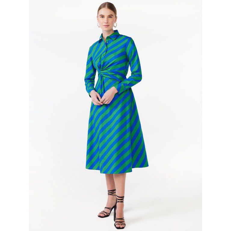 Scoop Women's Side Knot Poplin Midi Shirt Dress with Long Sleeves, Sizes XS-XXL, Walmart Spring | Walmart (US)