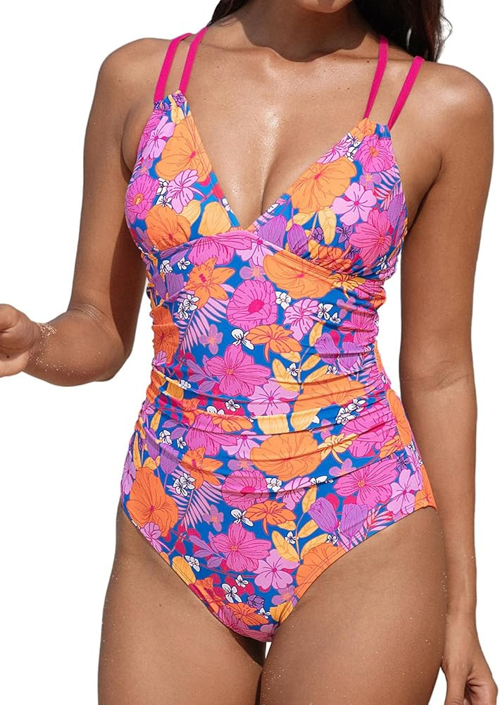 CUPSHE Women's One Piece Swimsuit V Neck Tummy Control Double Adjustable Straps Back Cutout O-Rin... | Amazon (US)