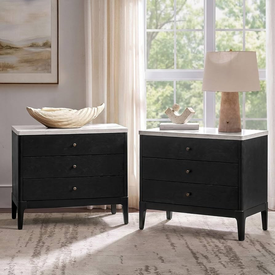 HULALA HOME 3-Drawer Nightstand with Marble Top, Black, Set of 2 | Amazon (US)