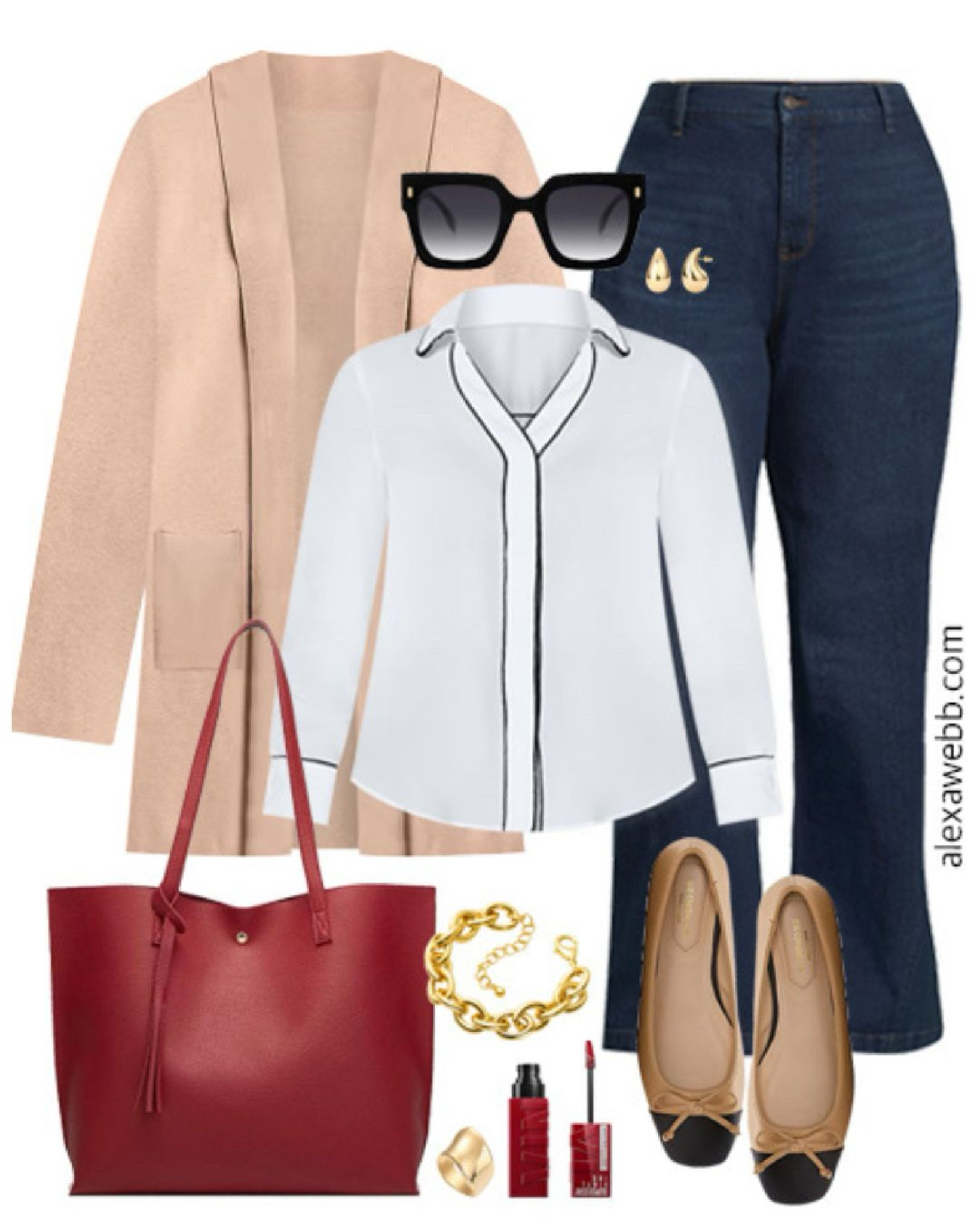 Plus Size Teacher Outfits 2024 - Part 1 - A plus size business casual outfit for teachers heading back to school this fall. A plus size camel cardigan, blouse, trouser jeans, cap toe flats, and a red tote bag. Alexa Webb

#LTKStyleTip #LTKShoeCrush #LTKPlusSize