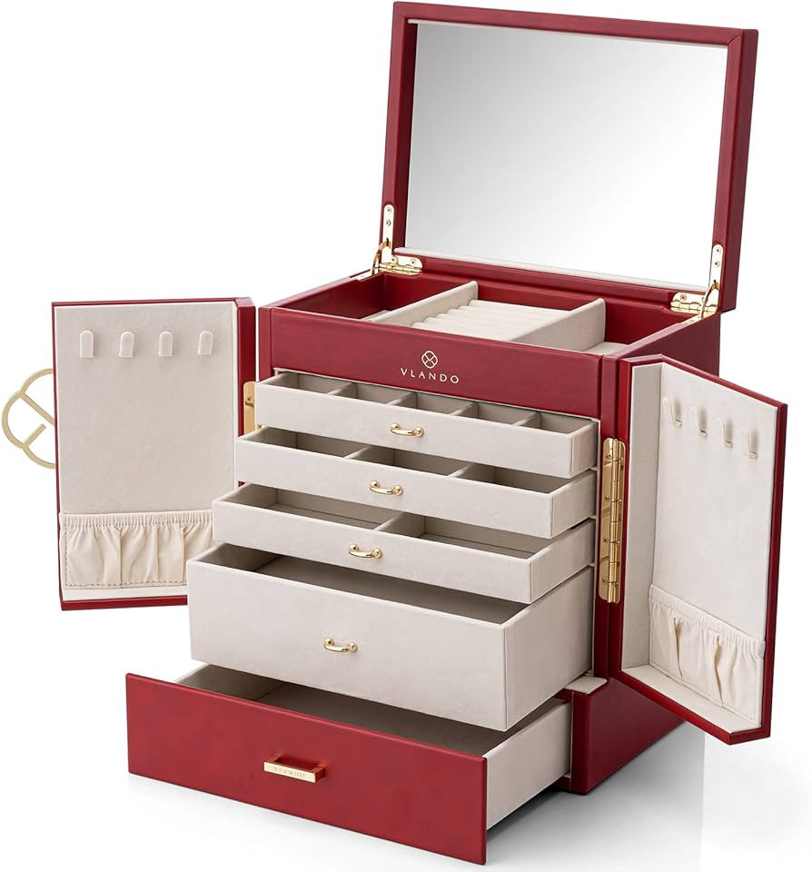 Vlando Jewelry Box&Organizer,PU Leather Jewelry Organizer for Women Girl 6-Layer Mirror Jewelry C... | Amazon (US)