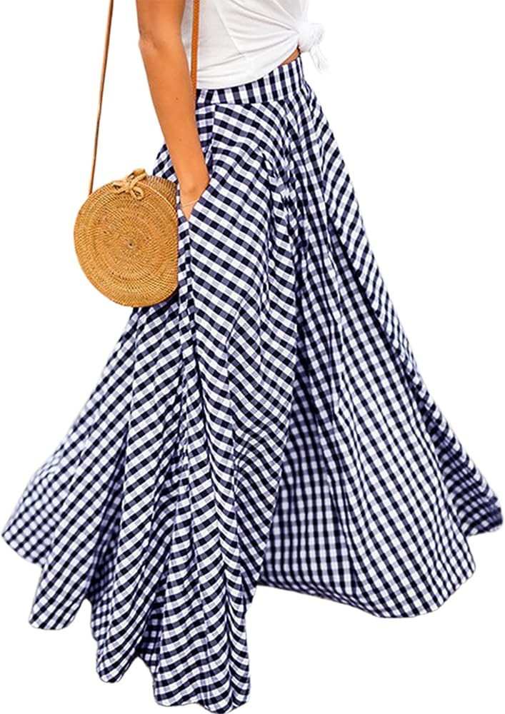 Women's Gingham Plaid Maxi Skirt High Waist A-Line Pleated Summer Skirt | Amazon (US)