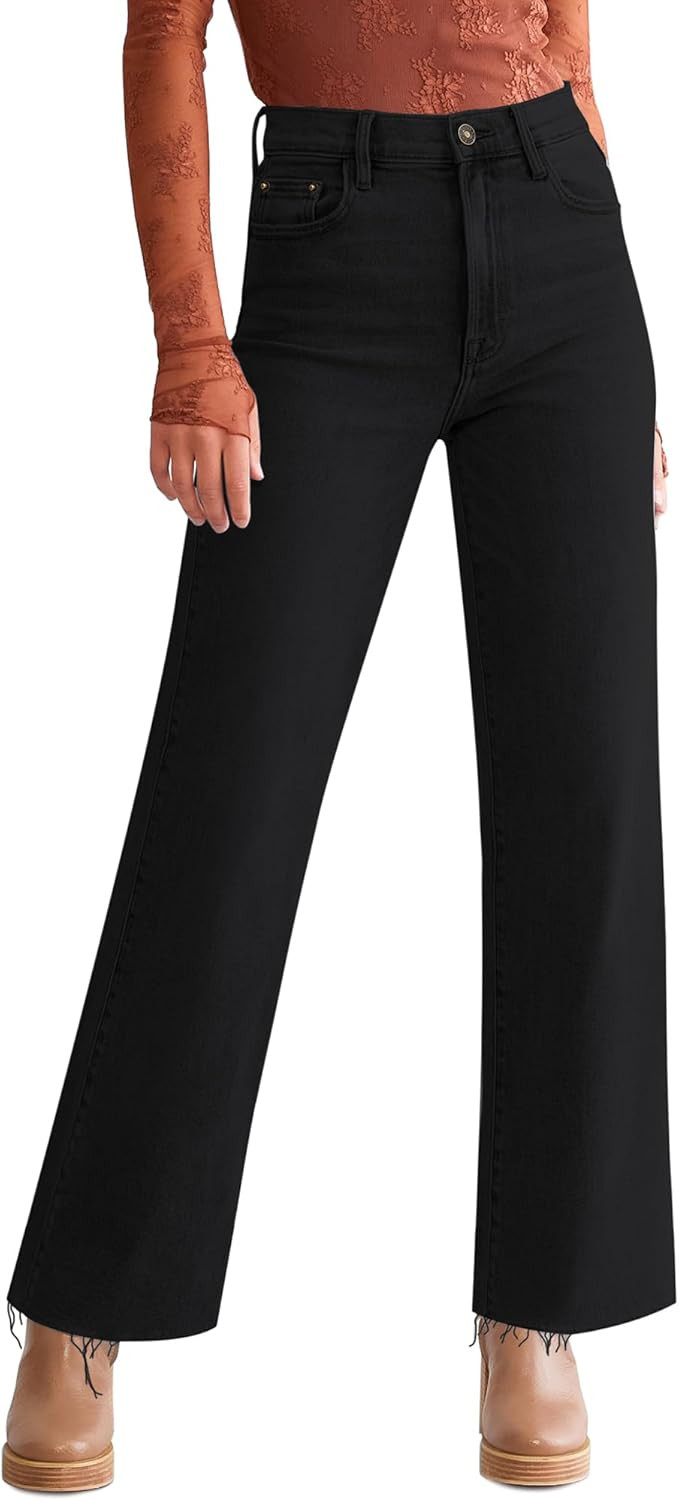 Straight Leg Jeans for Women Cropped High Waisted Stretchy Frayed Hem Raw Jean Loose Wide Leg Bag... | Amazon (US)
