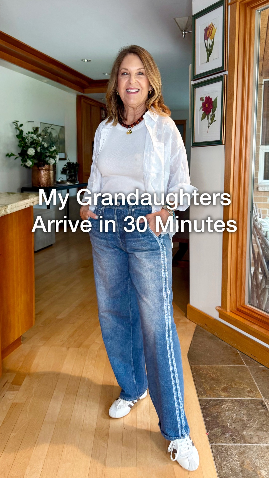 My granddaughters arrive in 30 minutes. This is what I’m wearing.
Easy, casual-chic pieces. 

Rag & Bone Miramar jeans-look like jeans, feel like sweatpants. They are relaxed fit, I wear extra small.
Madewell tank fits TTS. I wear XS
Splendid star button-up fits TTS I’m wearing XS. Wear now during the holiday and later too. 
Cute, comfortable in real life.

XO Sandy 

Summer outfit 
petite outfit
Summer jeans
Fourth of July outfit ￼

#LTKootd #LTKOver40 #LTKSeasonal