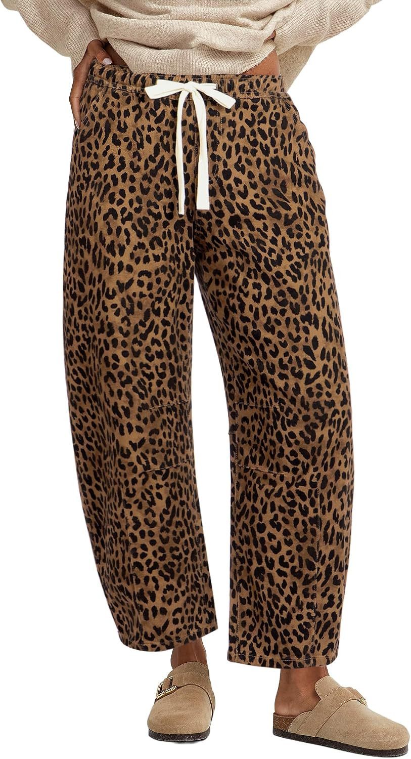 GRAPENT Barrel Jeans for Women Trendy High Waisted Pull On Wide Leg Cropped Leopard Cheetah Print Stretchy Denim Pants | Amazon (US)