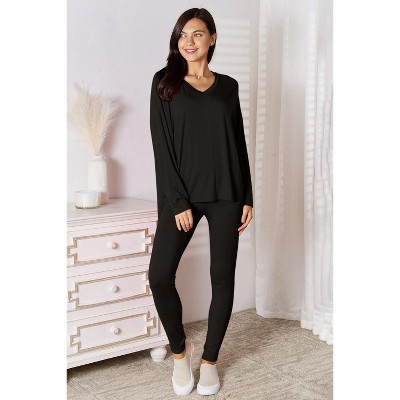 I am a Fashion Junky Full Size V-Neck Soft Rayon Long Sleeve Top and Pants Lounge Set Black L | Target