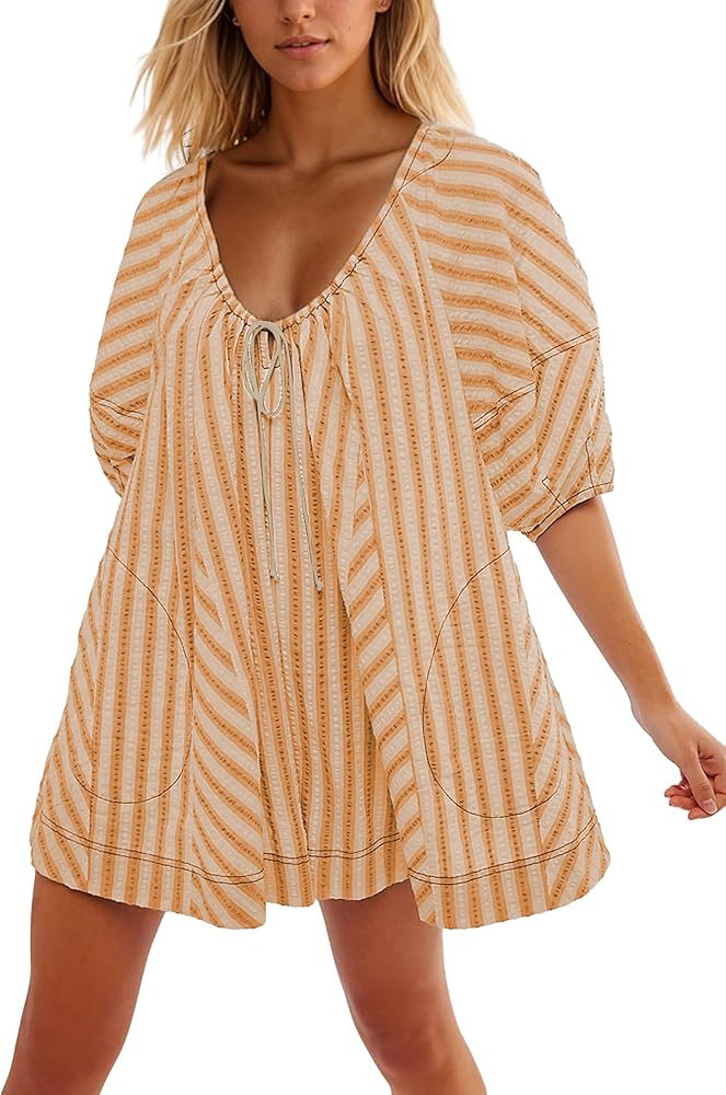 MISSACTIVER Summer Striped Mini Dress for Women Loose Puff Sleeve Drawstring Neck Swing Beach Sho... | Amazon (US)