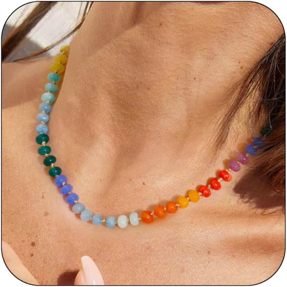 Gemstone Beaded Necklace for Women Colorful Natural Stone Freshwater Pearl Surfer Beach Rainbow N... | Amazon (US)