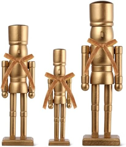 3 Pack Christmas Nutcracker Figures with Velvet Bow 12'' 10'' 8'' Gold Wooden Nutcracker Soldiers... | Amazon (US)