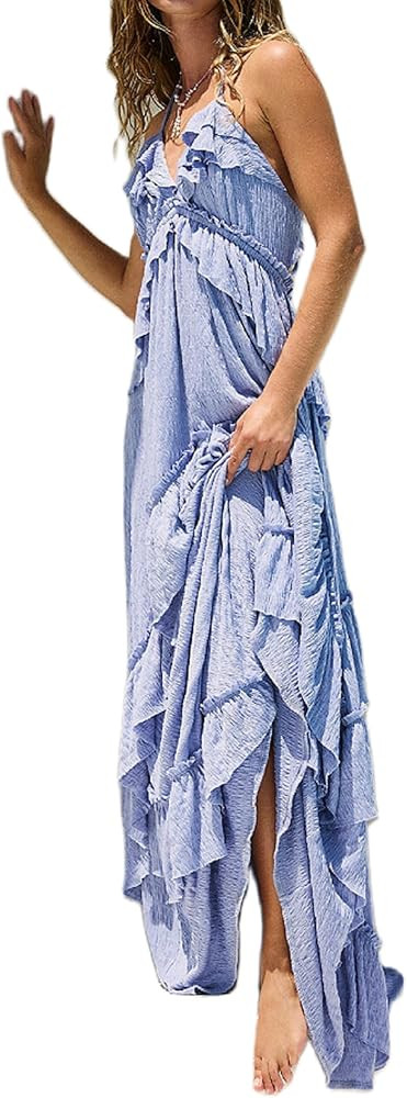 NUFIWI Sexy V Neck Backless Asymmetrical Ruffle Maxi Dress Halter Neck Sleeveless Long Dress Cuto... | Amazon (US)