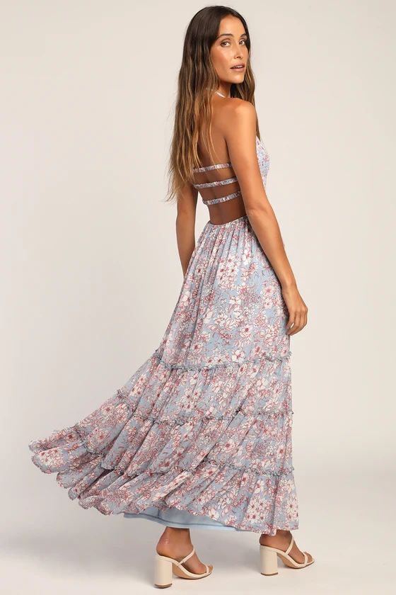 Best Botanicals Blue Floral Smocked Tiered Backless Maxi Dress | Lulus (US)