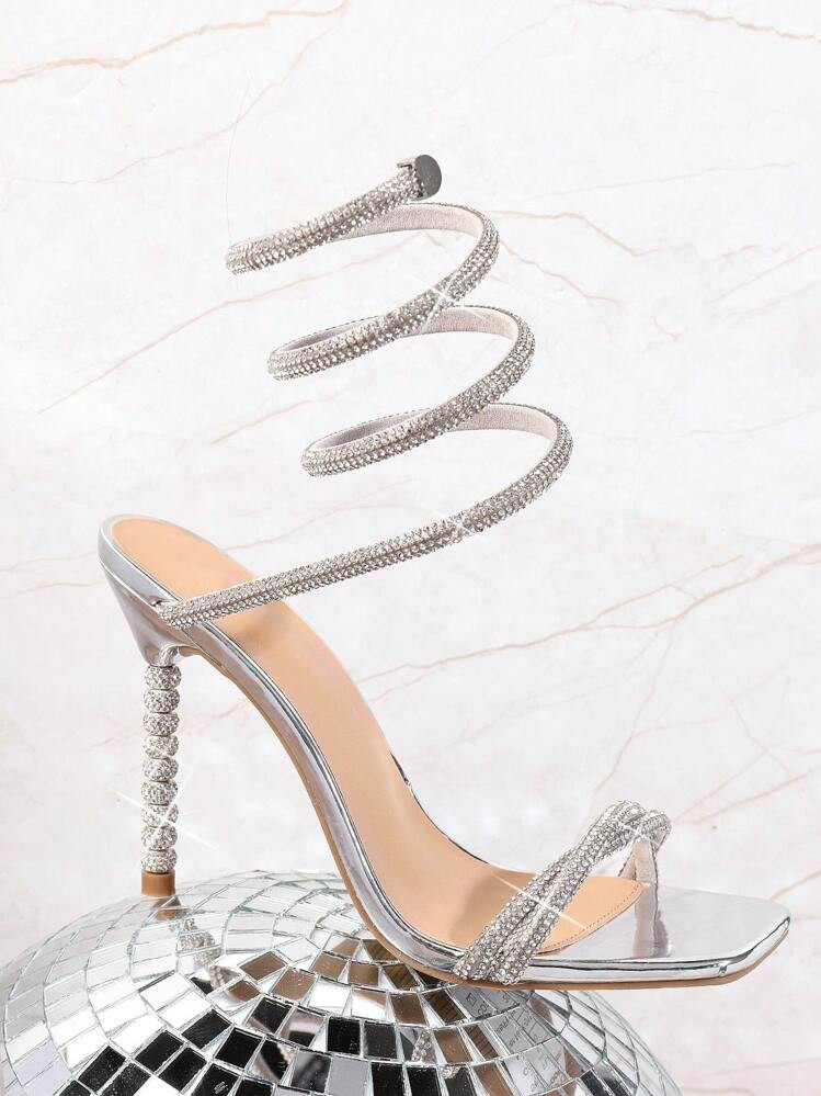 Vixey Women's Slinky Wrap Around Rhinestoned High Heel Sandals Wedding Shoes | SHEIN