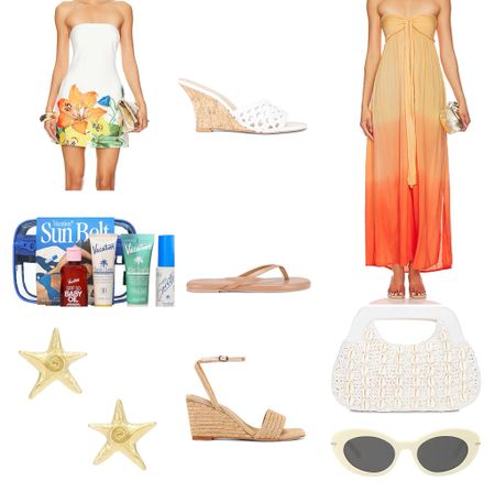 resort wear, summer outfit, spring outfit, travel outfit, vacation outfit, maxi dress, mini dress, floral dress, white sunglasses, white purse, seashells, gold earrings, starfish, sun care, sandals, heeled sandals, wedges, tropical outfit, island outfit  

#LTKstyletip #LTKtravel #LTKshoecrush