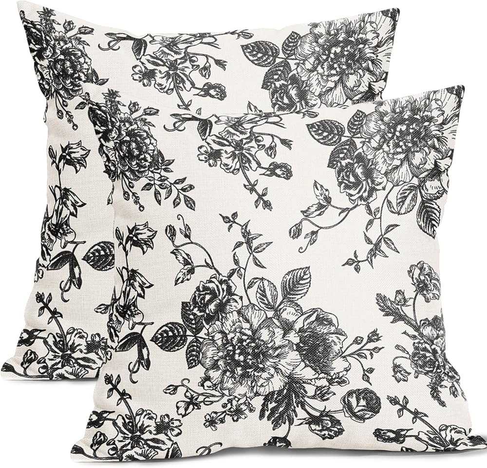 Black Floral Pillow Covers 24x24 Inch Vintage Flower Black Cream Decorative Throw Pillow Covers S... | Amazon (US)