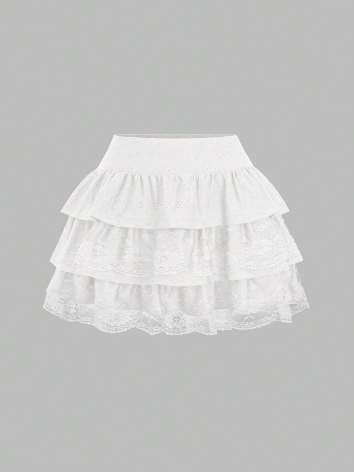 Flirla Saia Míni Evasê Com Babados Em Jacquard Texturizado Preto Com Acabamento Em Renda, Estilo Y2K, Emagrecedora | SHEIN