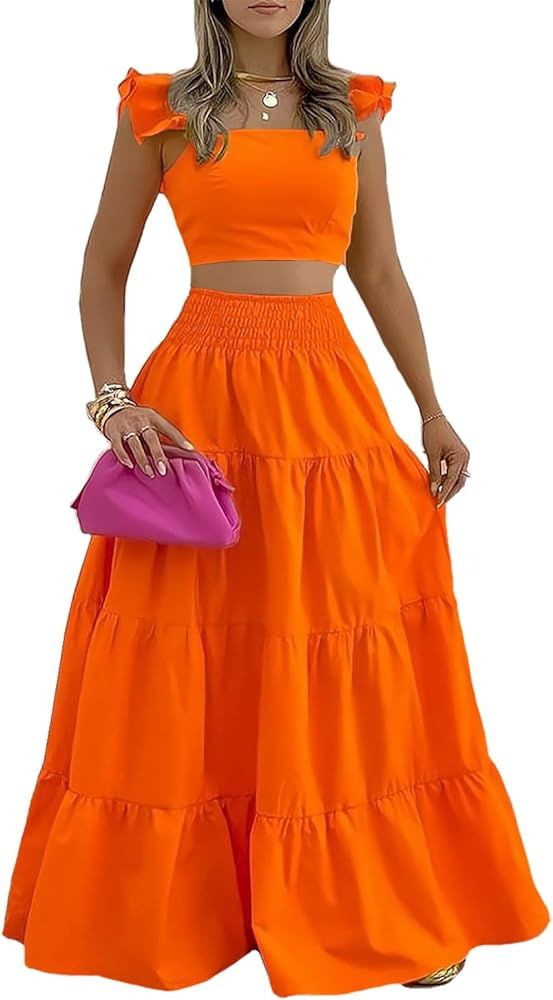 Rooscier Women's 2 Pcs Outfits Ruffle Sleeve Tank Top High Waist Tiered Maxi Skirt Set | Amazon (US)
