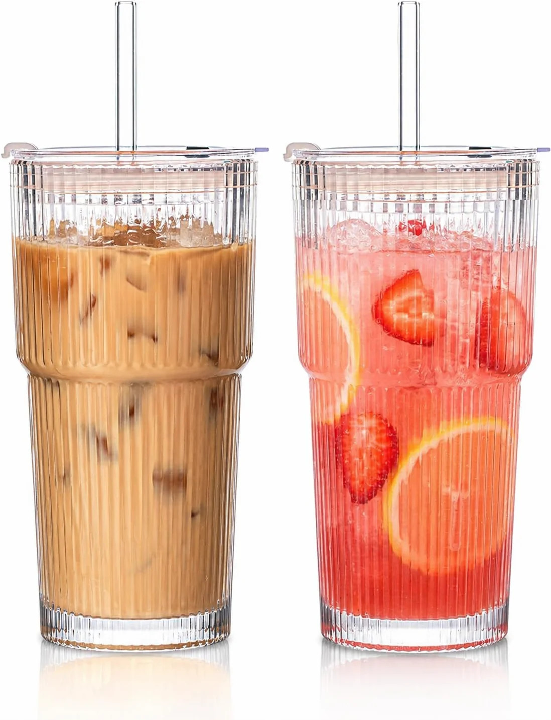 20 oz Ribbed Glass Tumblers with Lids and Glass Straws, 2 Pack Clear Iced Coffee Cups with Cleani... | Walmart (US)