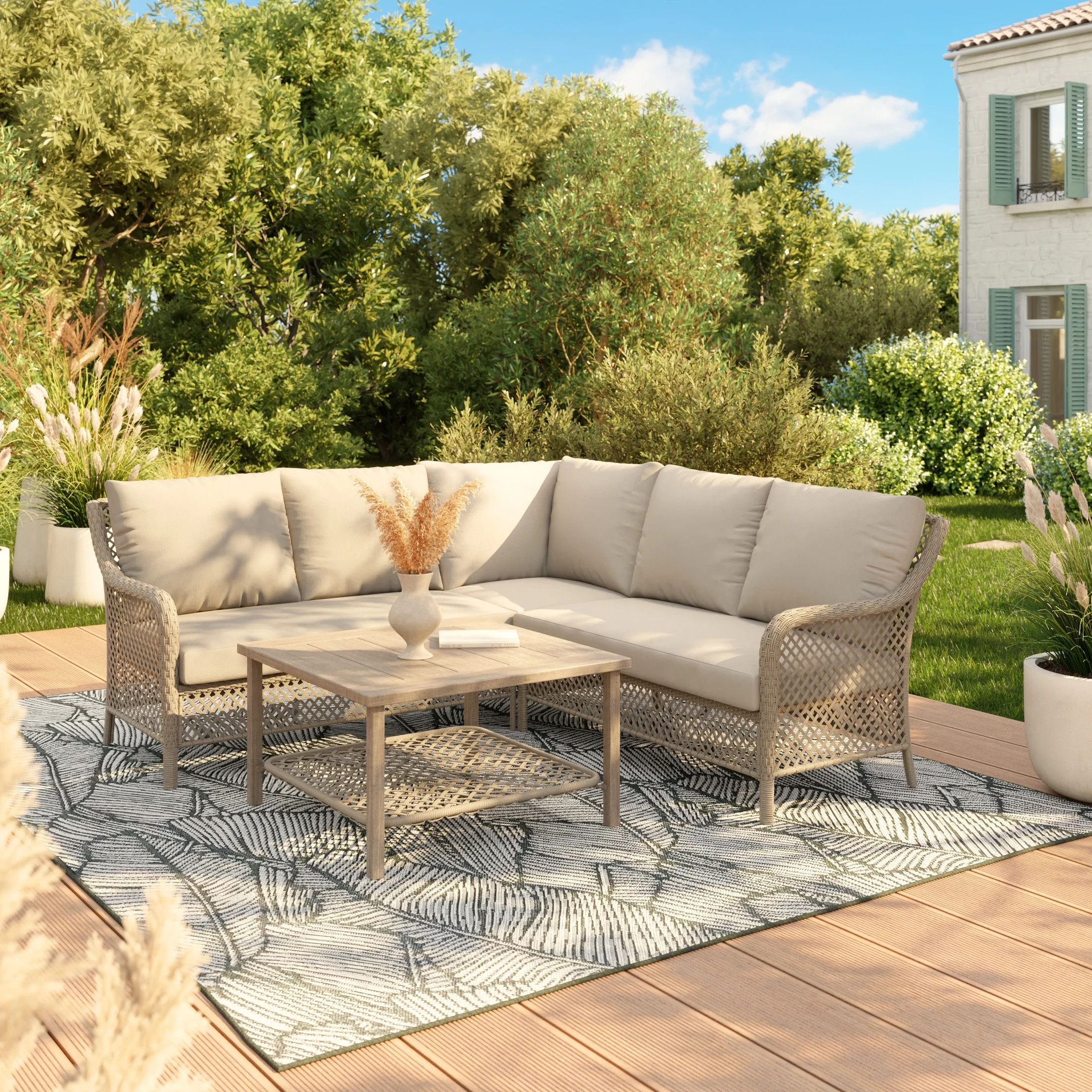 HOMETRENDS Belmont 4-Piece Steel Outdoor Sectional Set with Table and Cushions, Oatmeal | Walmart (CA)