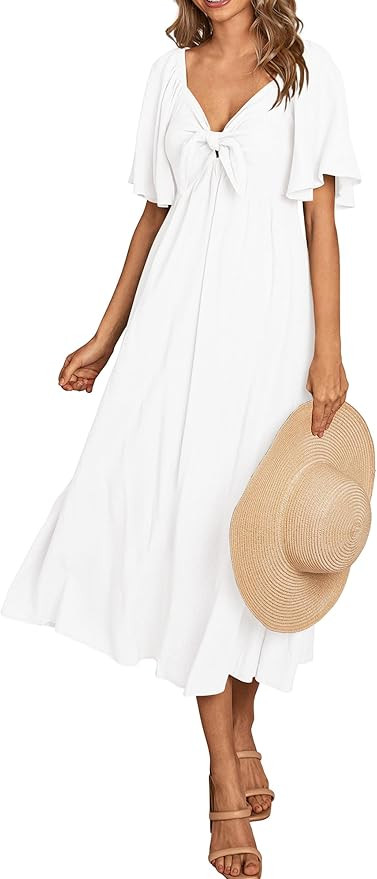 PRETTYGARDEN Summer Dress for Women 2025 Casual Short Sleeve Bow Tie V Neck Ruffle Midi Flowy Dre... | Amazon (US)