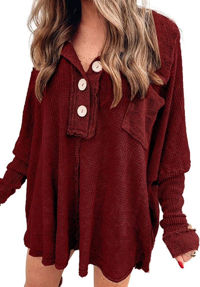 Acelitt Womens Casual Long Sleeve Button Down Waffle Shacket Shirts Tops, S-XXL | Amazon (US)