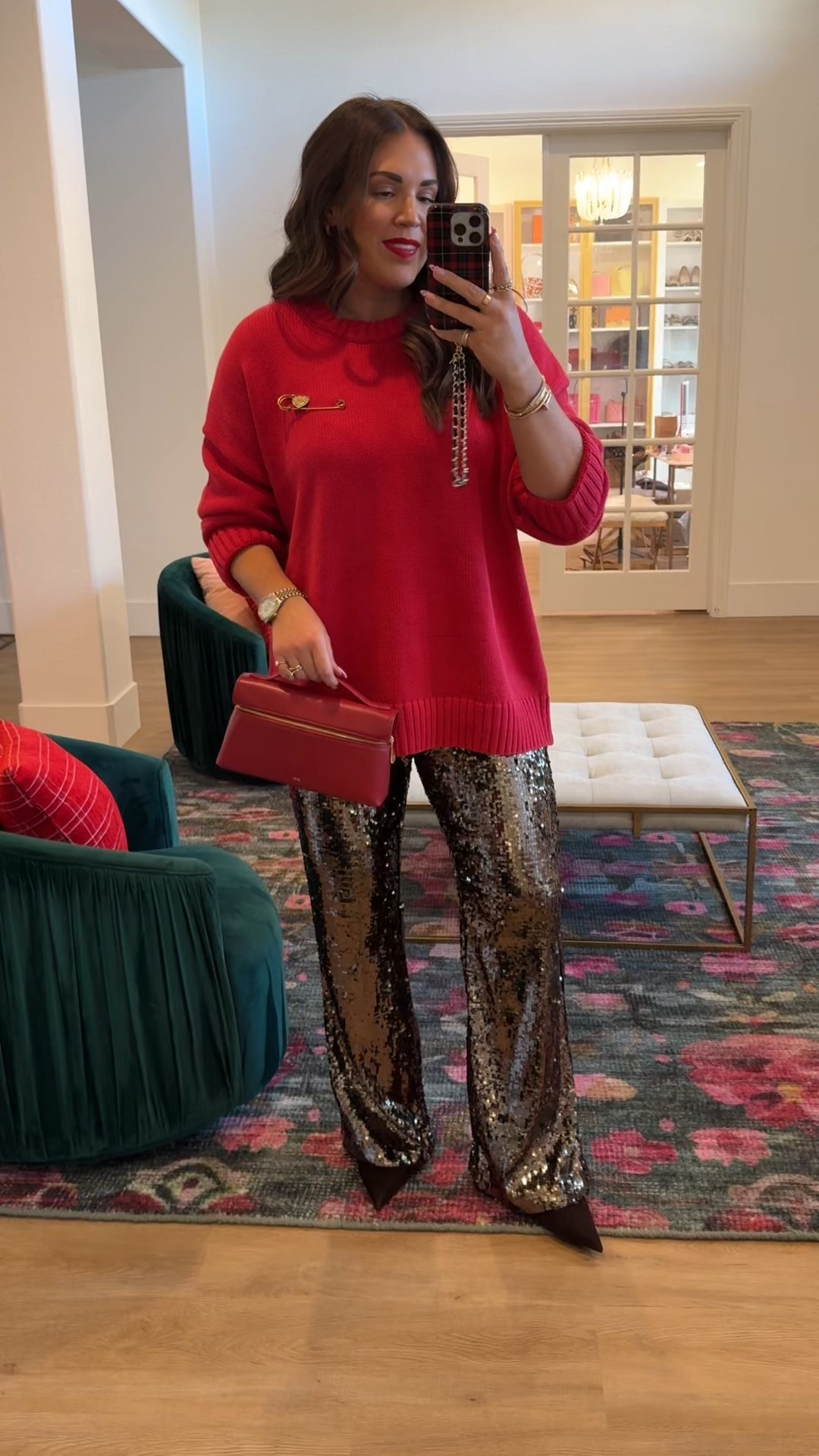 curvy midsize festive outfit for the holidays! wearing size xl in sweater for oversized fit and size 12 in sequin pants (fully lined)  

#LTKMidsize #LTKHoliday #LTKFindsUnder100
