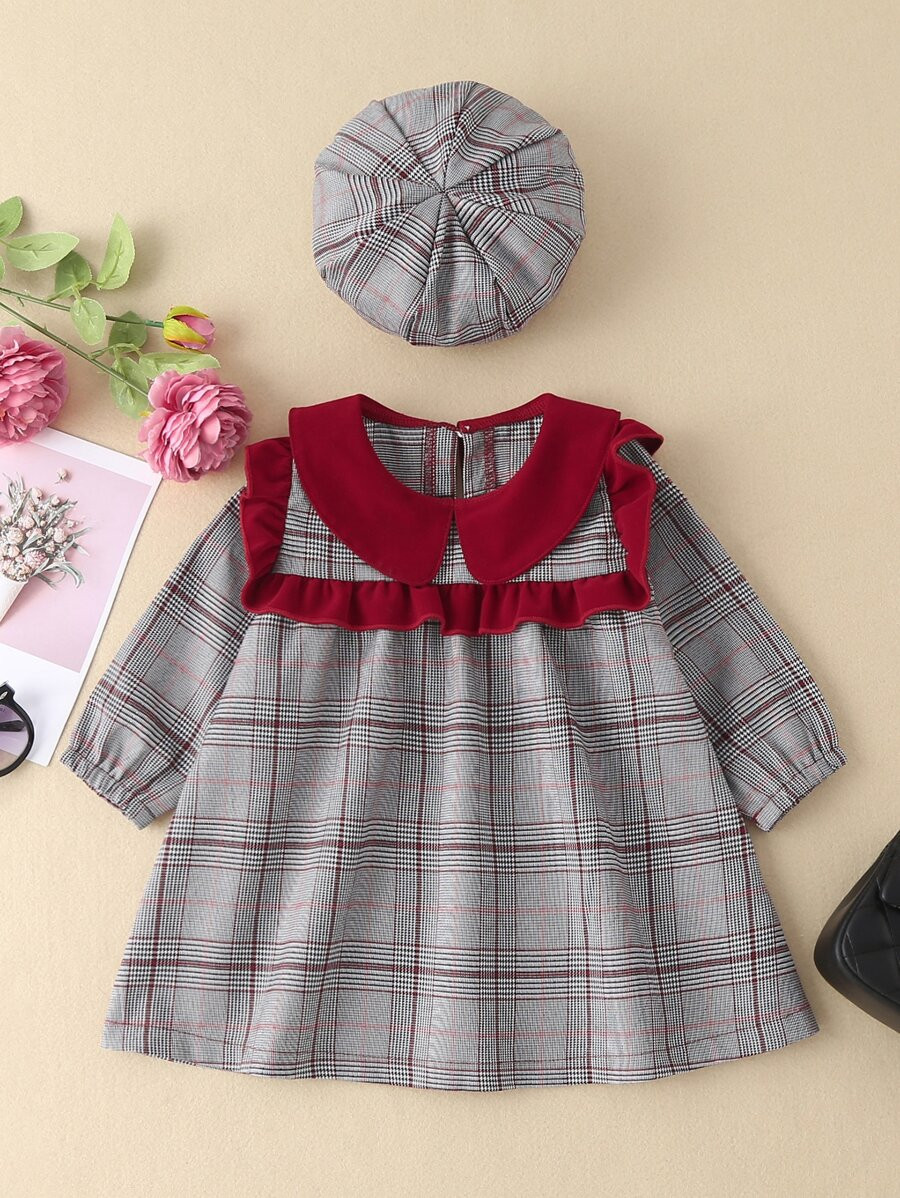 Baby Plaid Print Contrast Ruffle Trim Dress With Hat
   
      SKU: sa2110089008889900
          ... | SHEIN