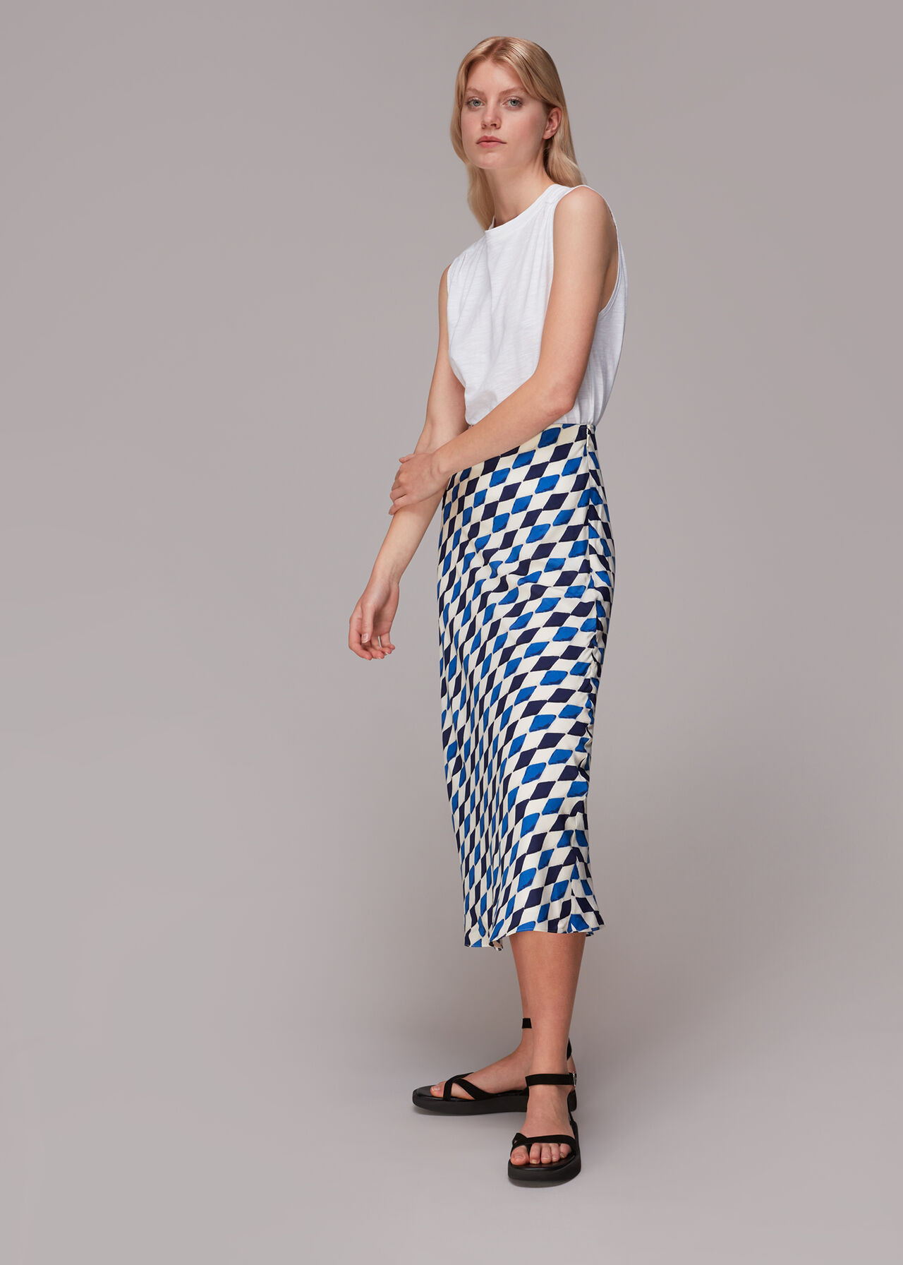 Blue/Multi Pinched Diamond Bias Cut Skirt | WHISTLES | | Whistles