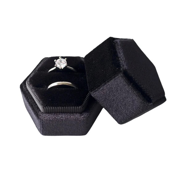 Black Hexagon Velvet Ring Box  Velvet Ring Box Double  | Etsy | Etsy (US)