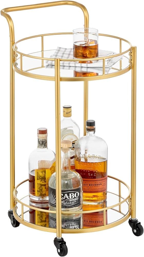 mDesign Metal Vintage Round Beverage Rolling Cart for Home - 2-Tier Serving Bar Trolley with Easy... | Amazon (US)