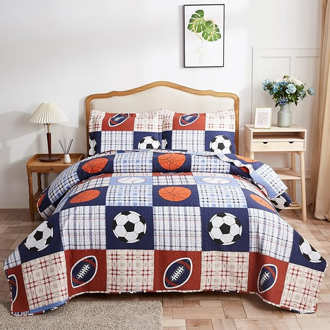 Kids Boys Quilt Set Twin Size, 3-Piece Sports Plaid Bedding Bedspread Reversible Football Soccer ... | Amazon (US)