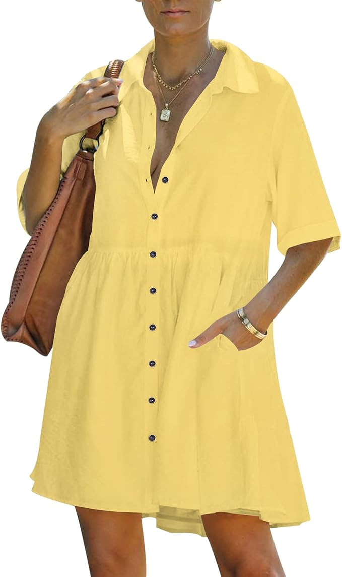 PYGFEMR Women's Short Sleeve Babydoll Dress Button Down Dresses with Pockets | Amazon (US)