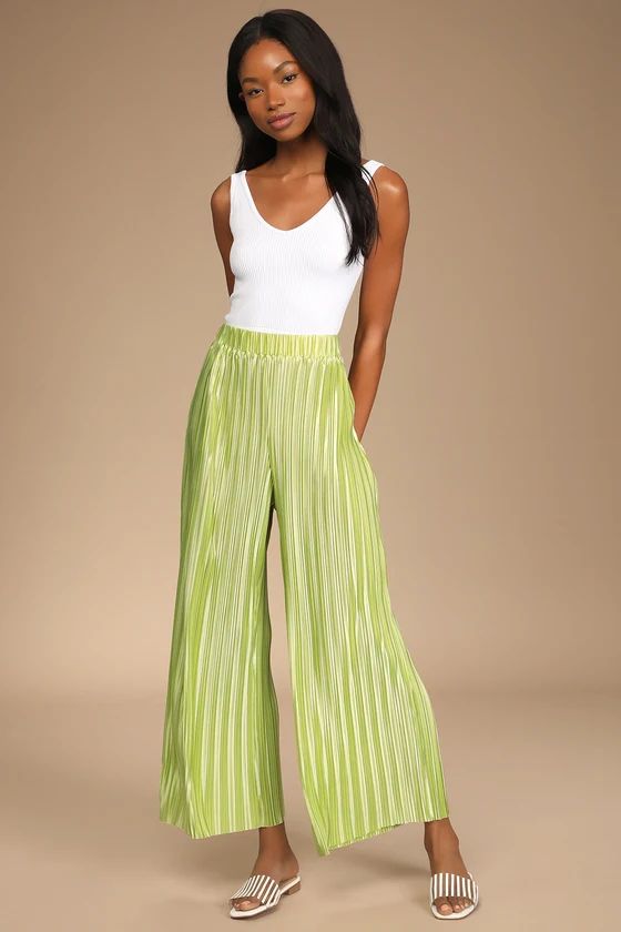 Tropical Temperatures Lime Green Satin Plisse Wide-Leg Pants | Lulus (US)