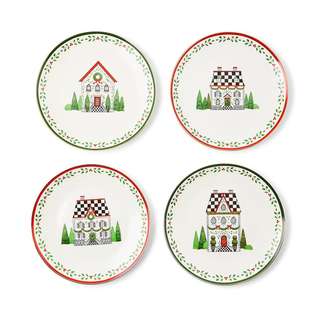 Holly Village Ceramic Dessert Plates, Set of 4 | MacKenzie-Childs