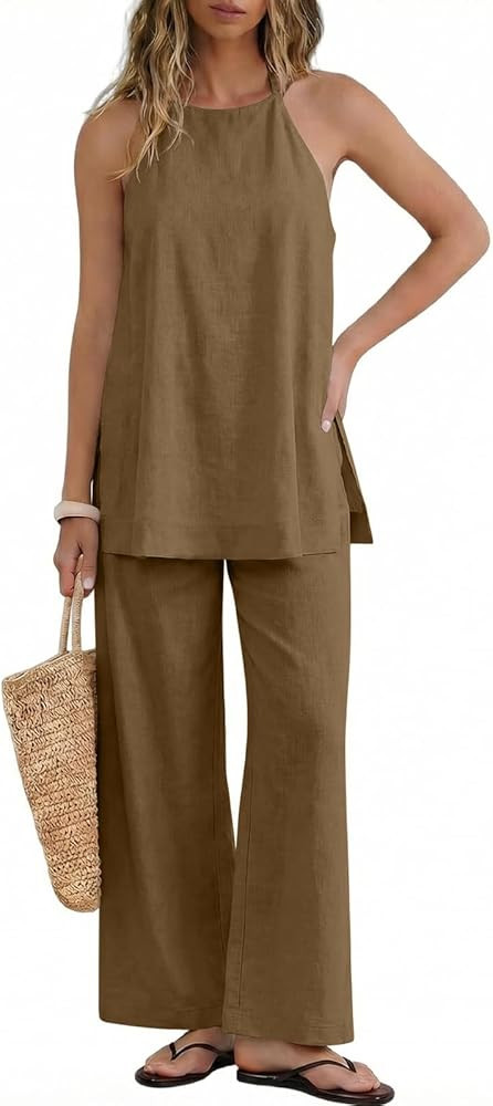 UNCOOYEE Womens 2 Piece Linen Outfits Halter Neck Sleeveless Side Split Top Wide Leg Pants Set Ca... | Amazon (US)