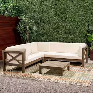 Noble House Brava Gray 4-Piece Wood Outdoor Sectional Set with White Cushions 55324 | The Home Depot