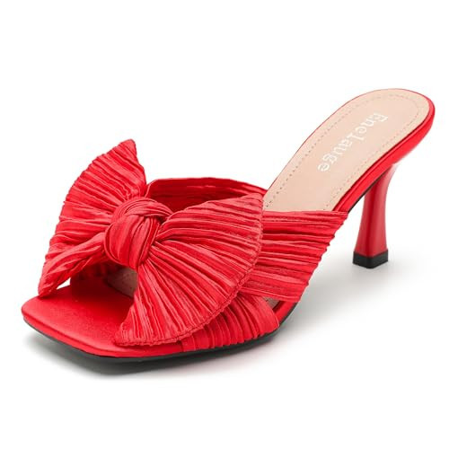 Women's Bow Knot Heeled Sandals Open Toe Low Kitten Heels Mules Slip On Pleated Wedding Bridal Party Dress Shoes Red 42-9.5US | Amazon (US)
